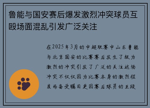 鲁能与国安赛后爆发激烈冲突球员互殴场面混乱引发广泛关注